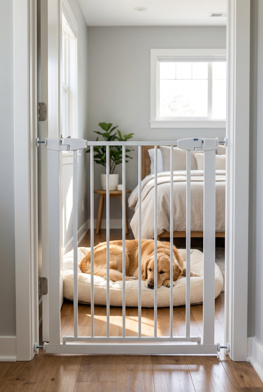 A baby gate set up in a home doorway with a dog resting calmly on a bed behind it