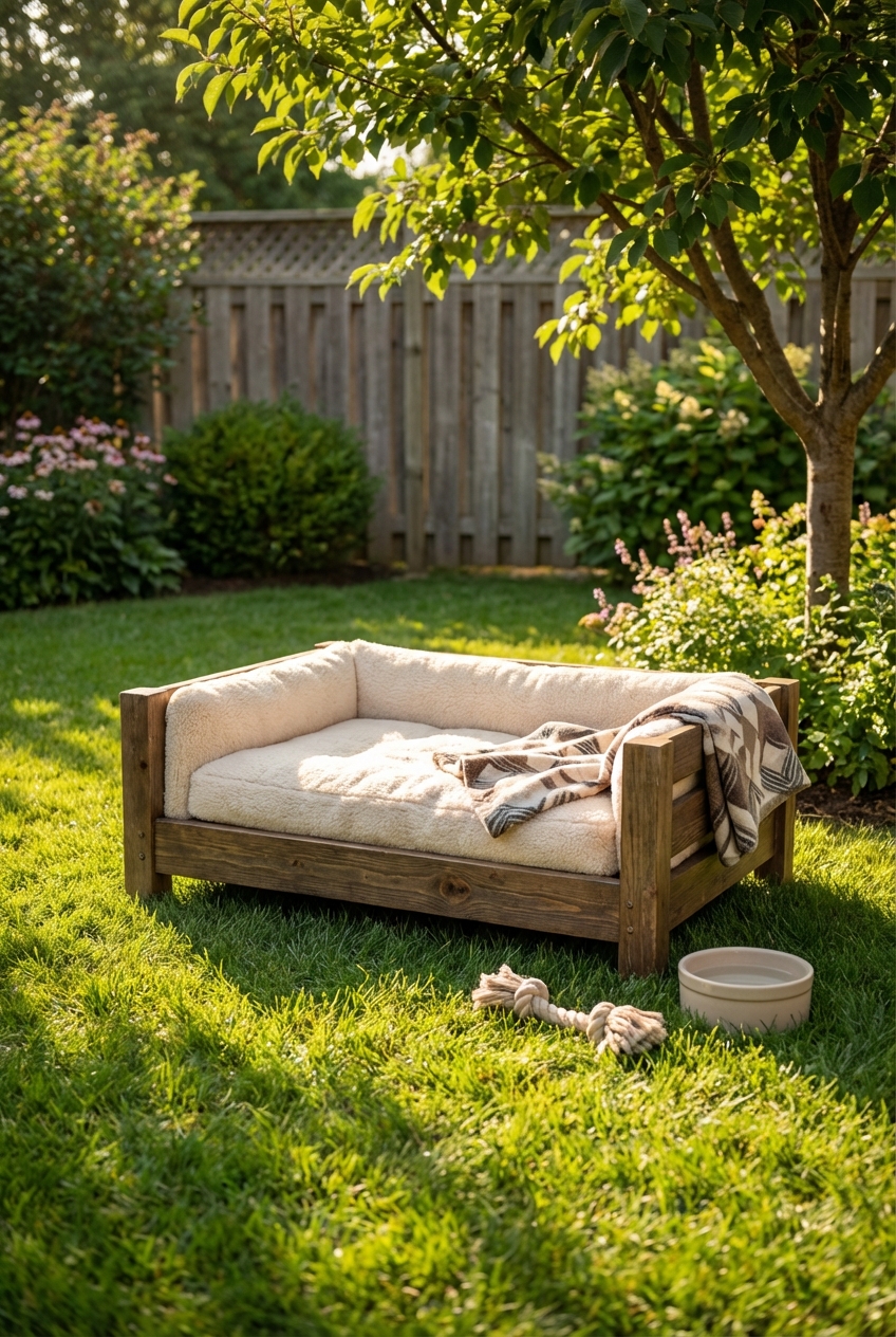 A backyard pet resting area with trimmed grass and sunlight reaching the ground
