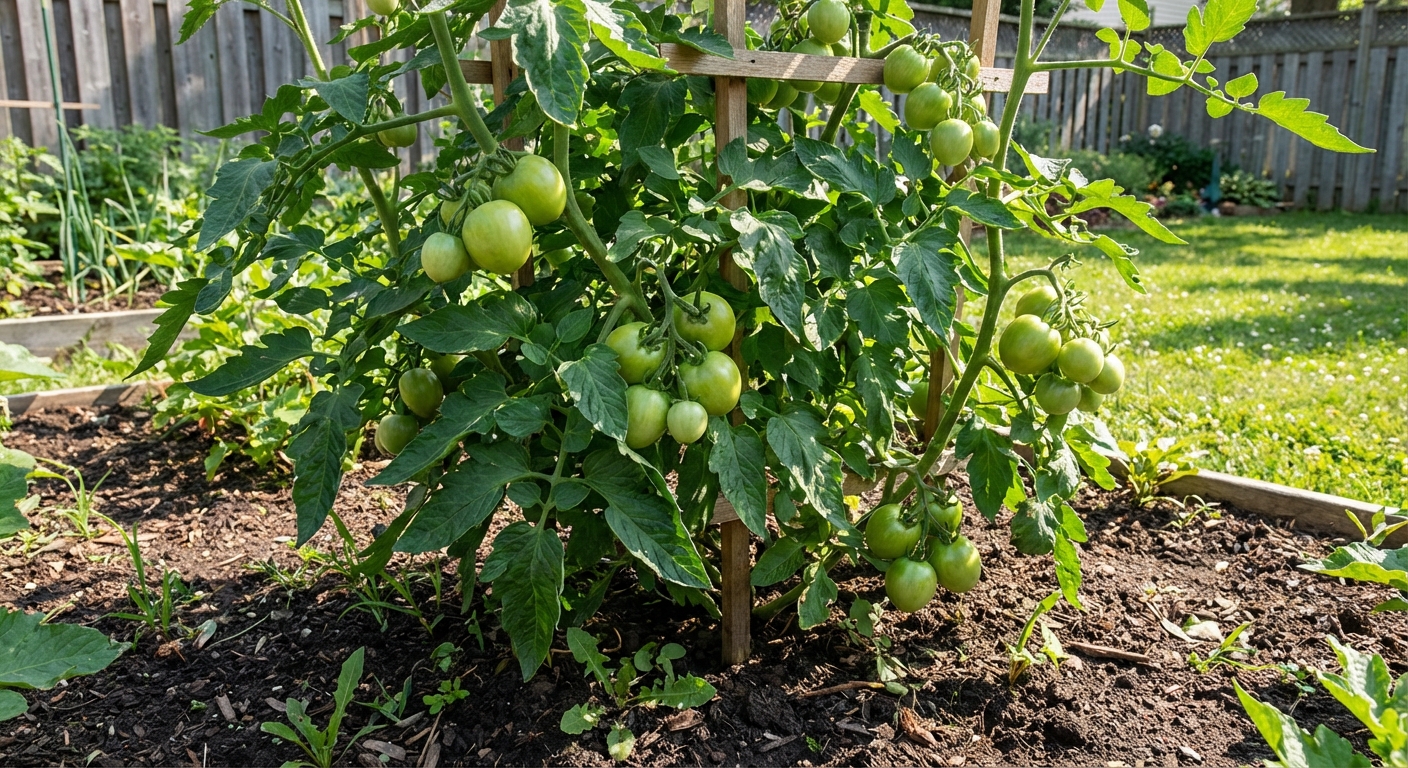 A backyard tomato plant with green leaves and clusters of unripe green tomatoes