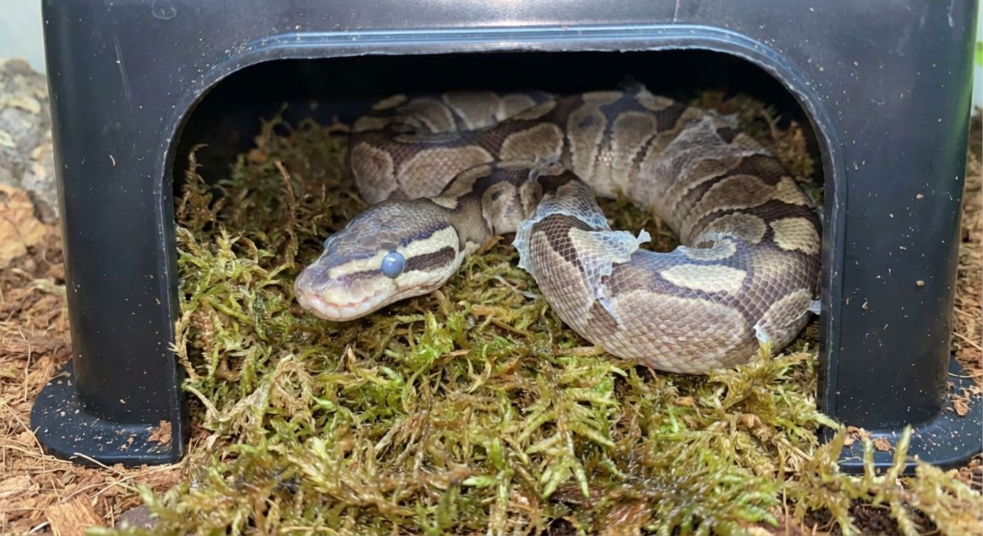 A ball python partially in shed with a healthy humid hide filled with damp moss