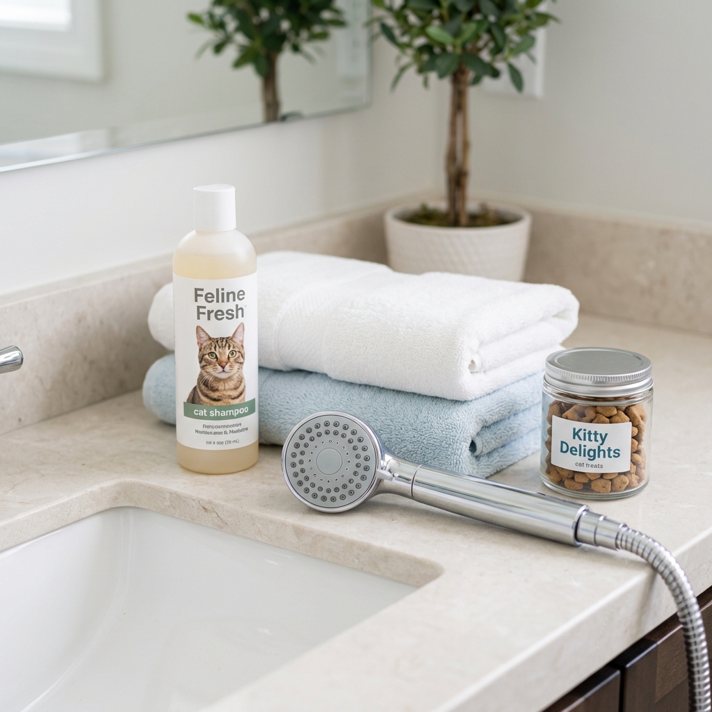 A bathroom counter with cat shampoo, towels, a handheld sprayer, and treats arranged neatly next to a sink