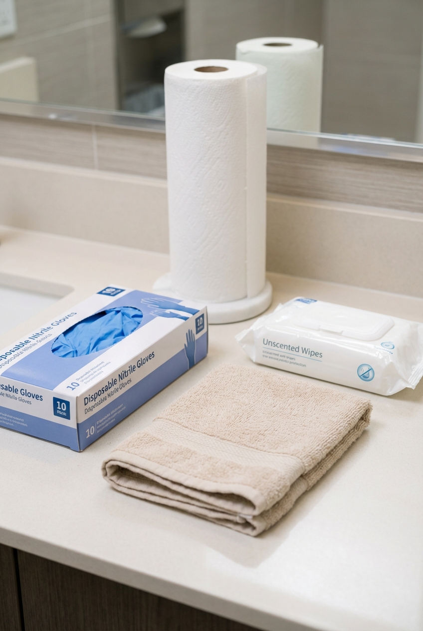 A bathroom counter with disposable gloves, paper towels, unscented wipes, and a folded towel laid out neatly