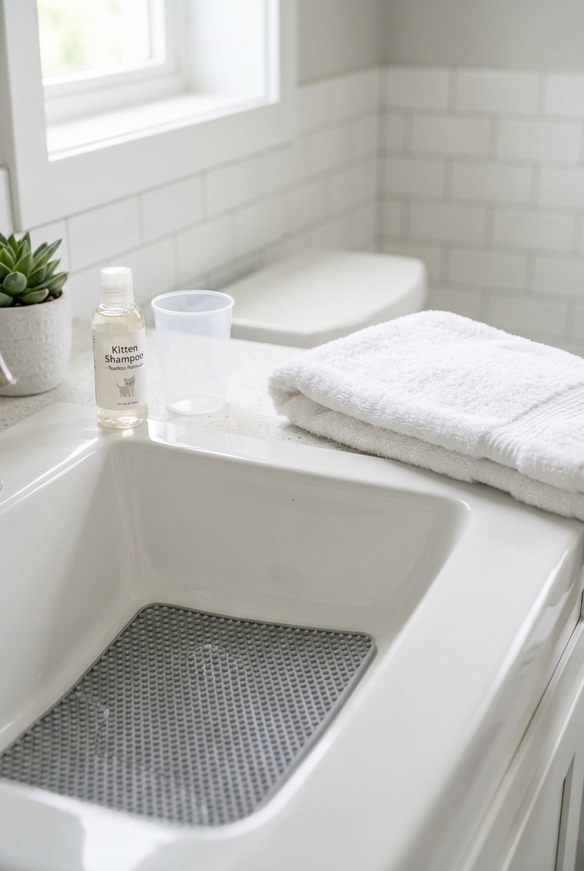 A bathroom sink lined with a rubber mat and a folded towel, with kitten shampoo and a cup for rinsing placed nearby