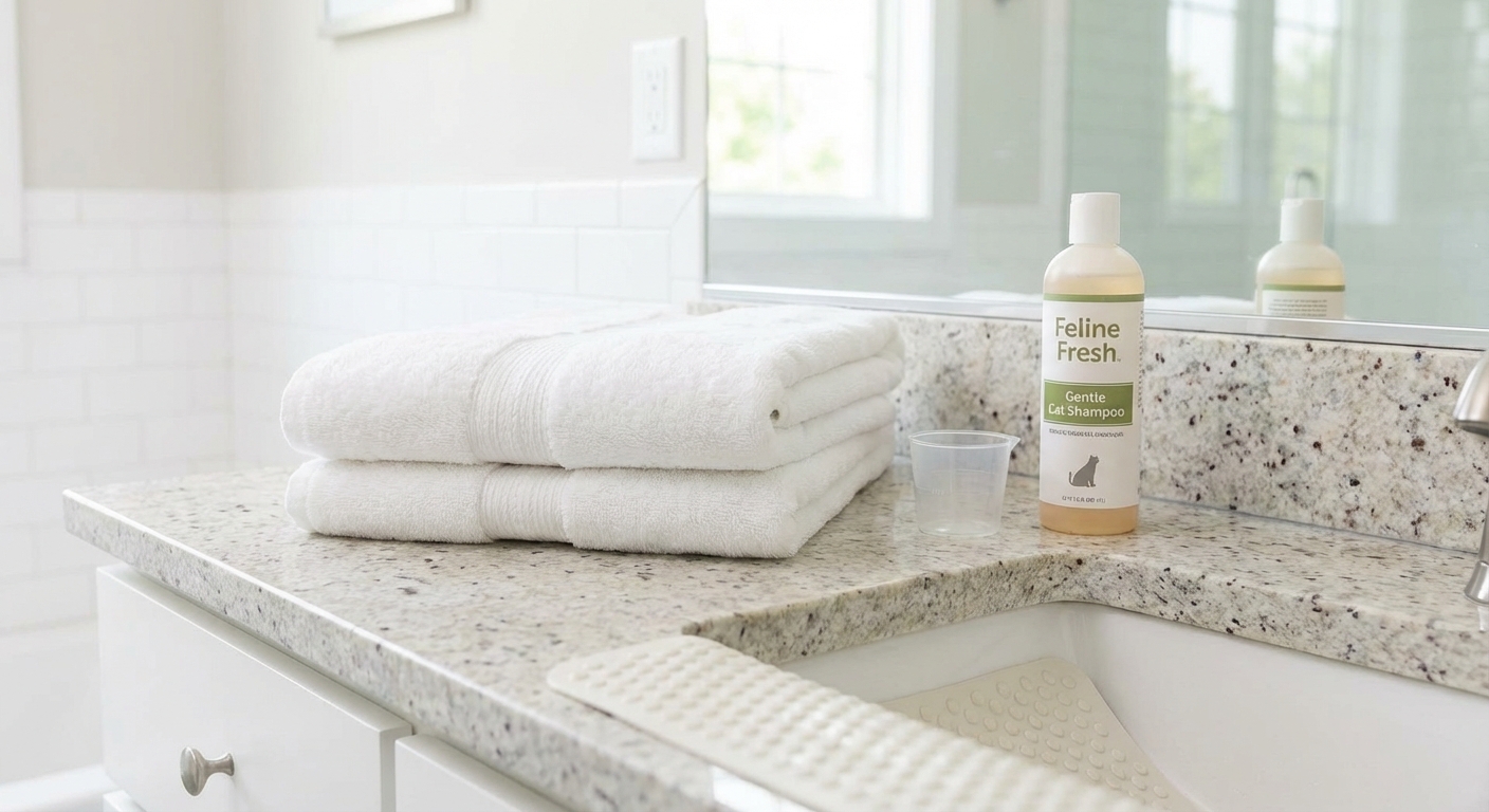 A bathroom sink prepared with a non-slip mat, towels, a cup for rinsing, and cat shampoo