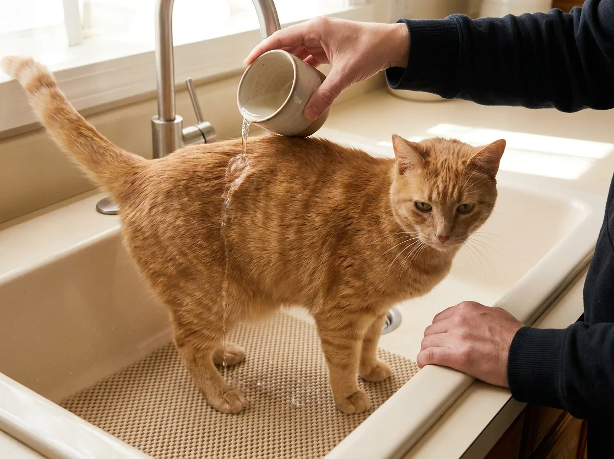 A bathroom sink setup with cat-safe shampoo, sterile saline, multiple towels, and an inflatable pet collar arranged neatly before bathing a cat