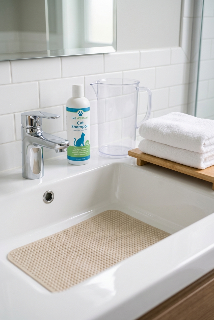 A bathroom sink with a non-slip mat, cat shampoo, a plastic pitcher, and folded towels laid out neatly