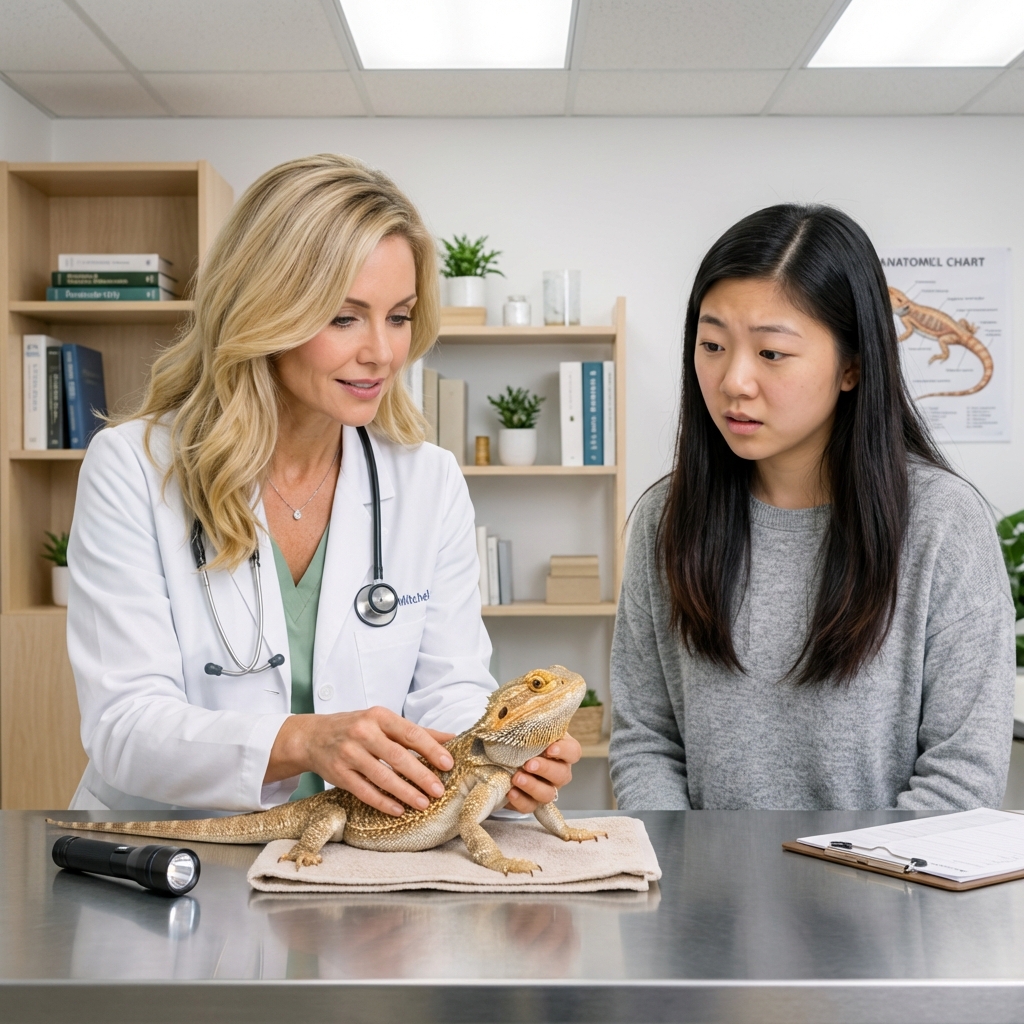 A bearded dragon being gently examined by an exotic veterinarian in a clinic
