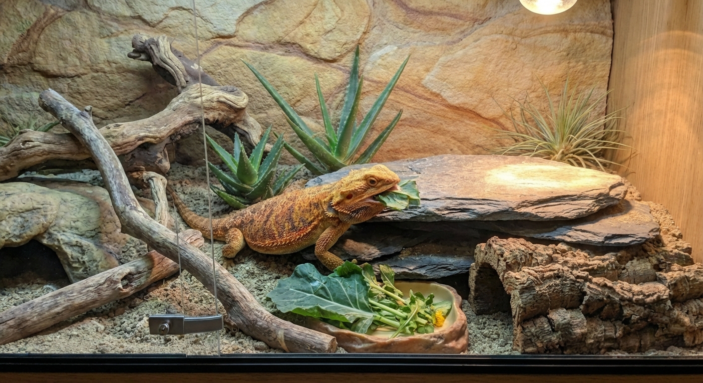 A bearded dragon eating leafy greens from a shallow dish inside its enclosure