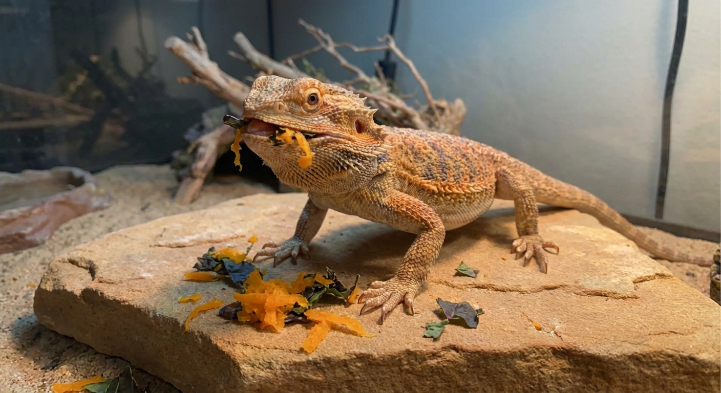 A bearded dragon standing on a flat rock while eating shredded squash and greens