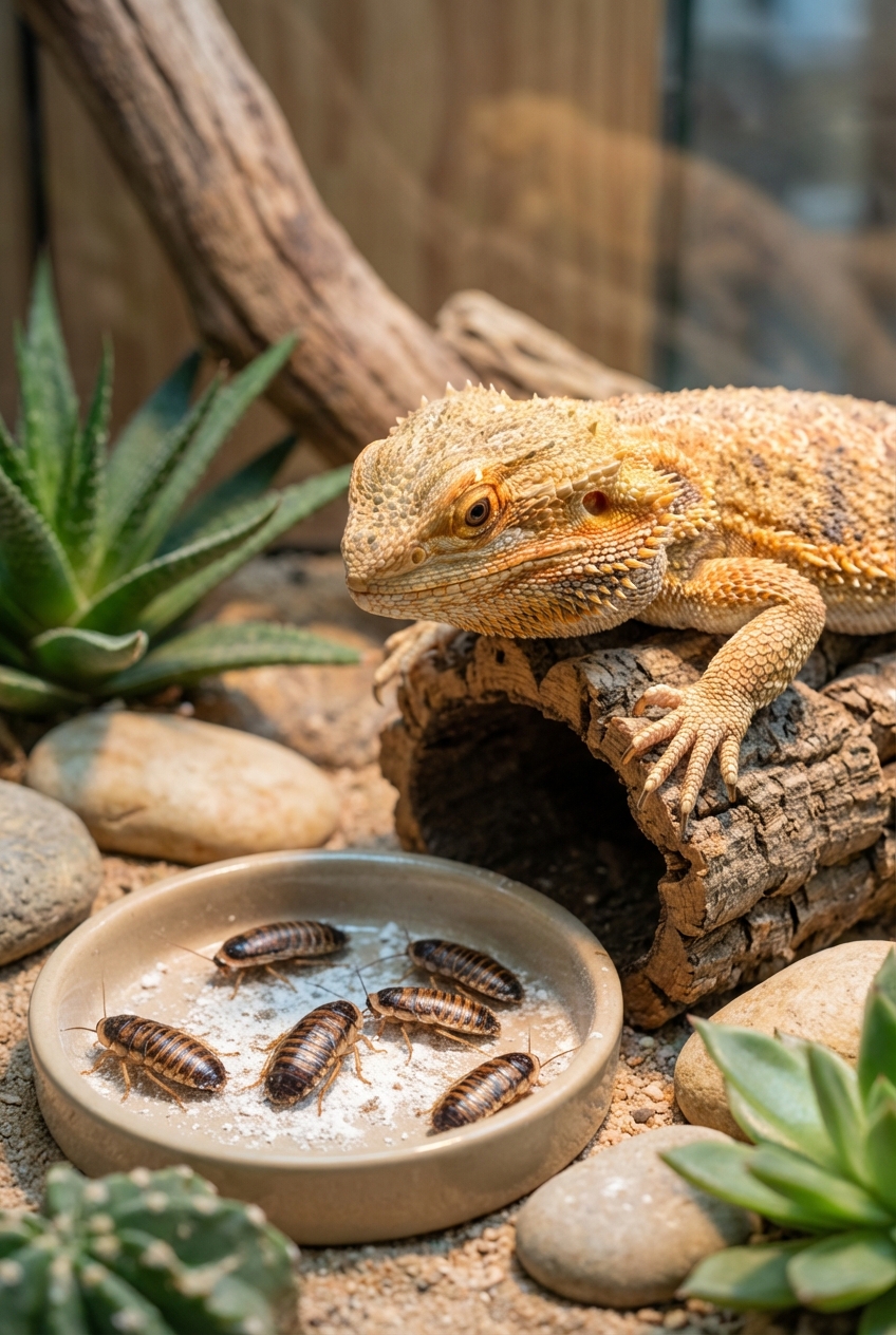 A bearded dragon watching a small group of dubia roaches in a shallow feeding dish
