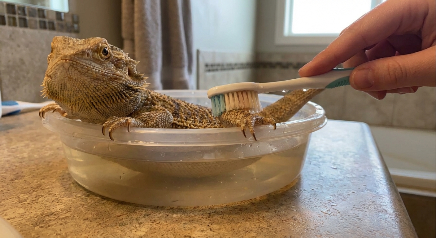 A bearded dragon’s tail and toes being gently brushed with a soft toothbrush after a short soak