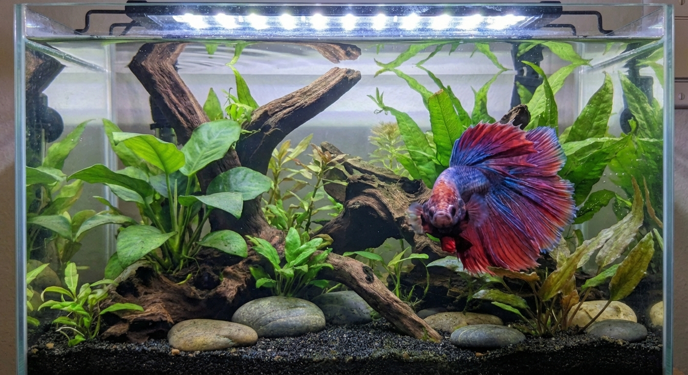 A betta fish flaring its fins near the glass in an aquarium