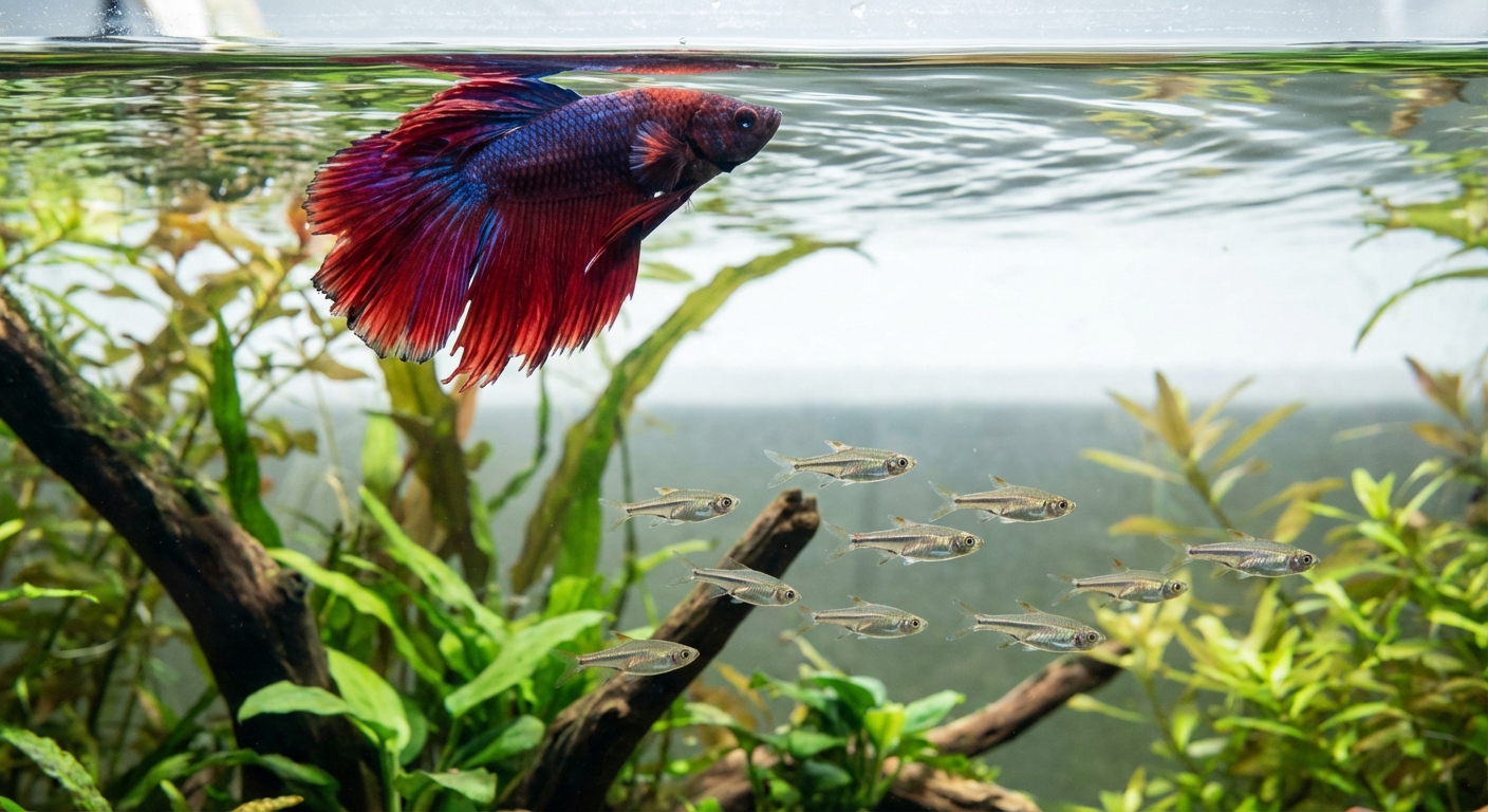 A betta fish near the water surface while small schooling fish swim calmly in the background