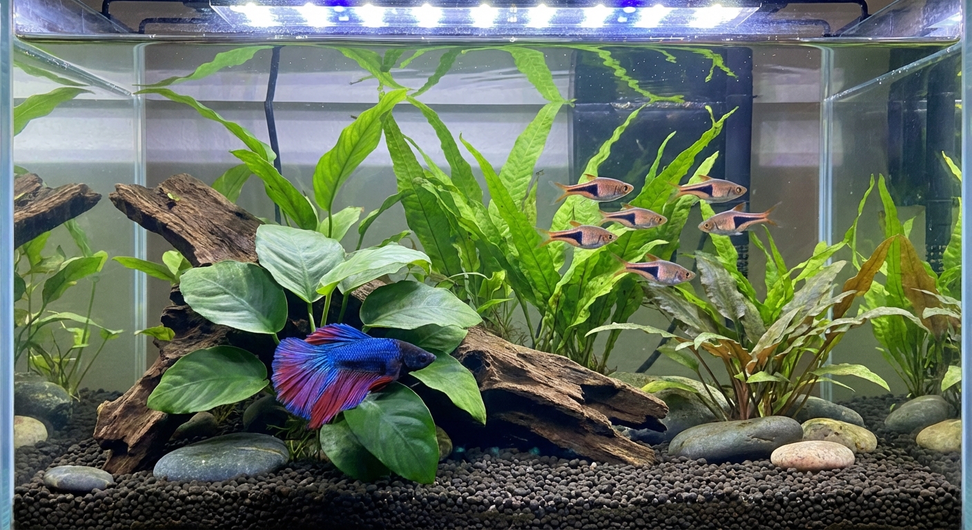 A betta fish resting near broad-leaf aquatic plants while a small group of fish swims in the background