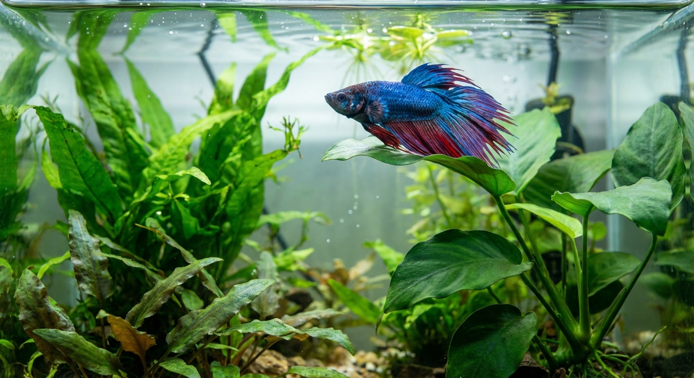 A betta fish resting on a broad leaf near the surface inside a planted aquarium