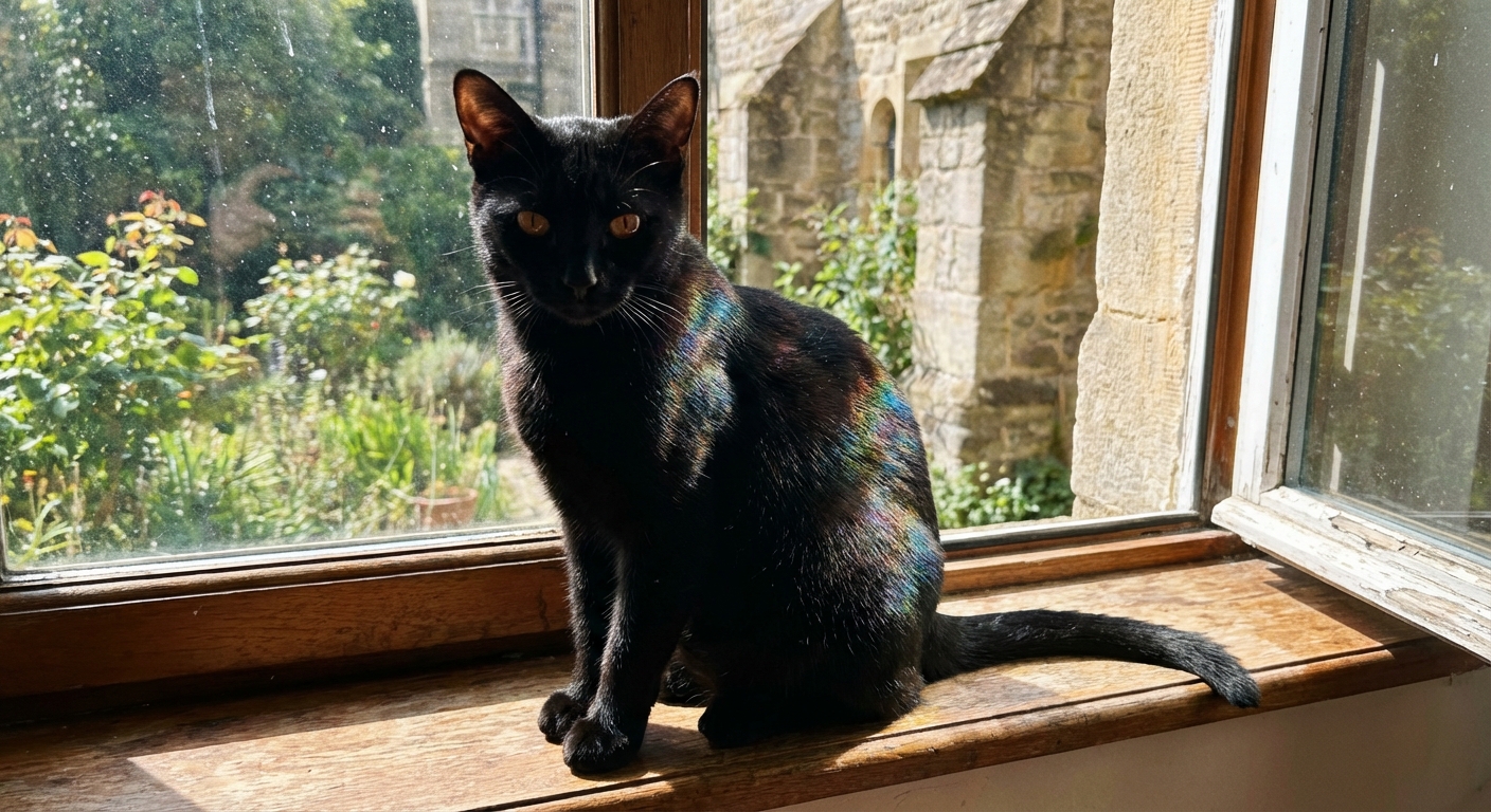 A black Bombay cat sitting alertly on a windowsill with sunlight reflecting on its shiny coat