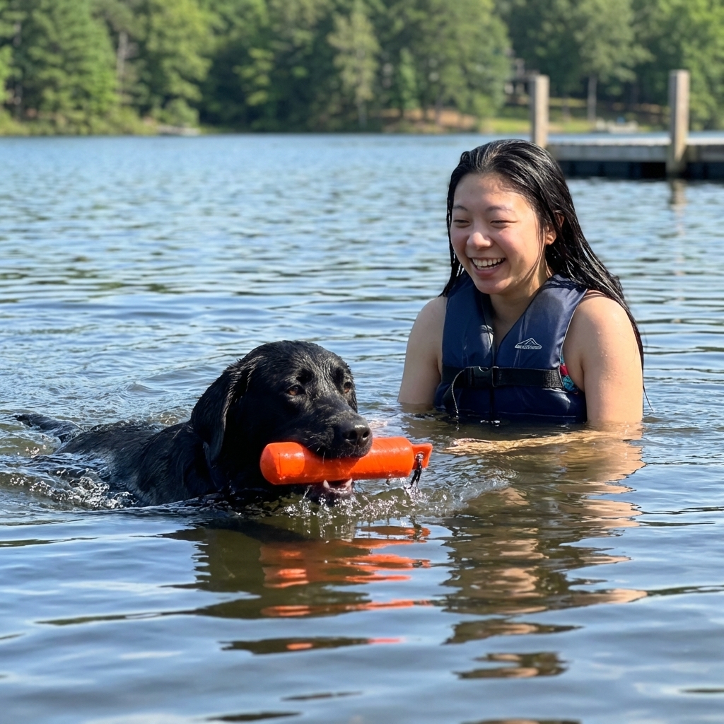 A black Labrador Retriever swimming in a calm lake while retrieving a floating toy