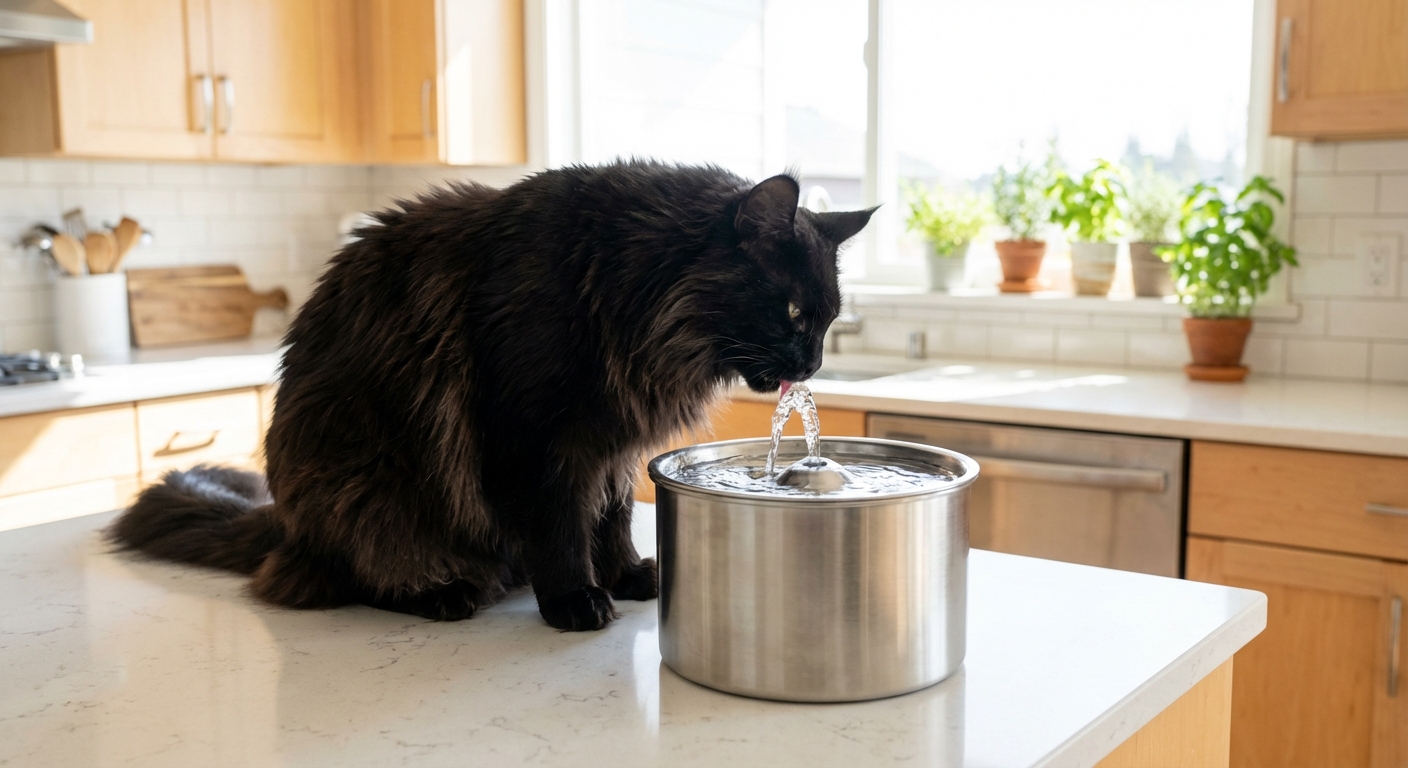A black Maine Coon male drinking from a stainless steel pet water fountain in a bright kitchen