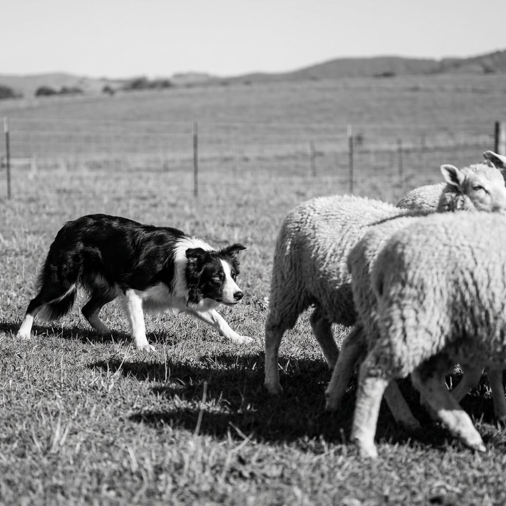 A black-and-white Border Collie crouched low with intense focus while herding sheep in a grassy pasture, natural outdoor photography