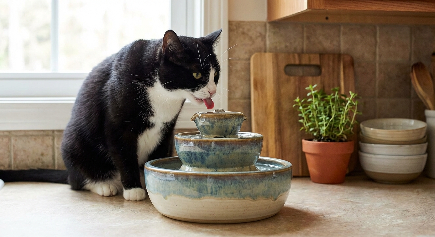 A black and white cat drinking from a ceramic water fountain in a kitchen