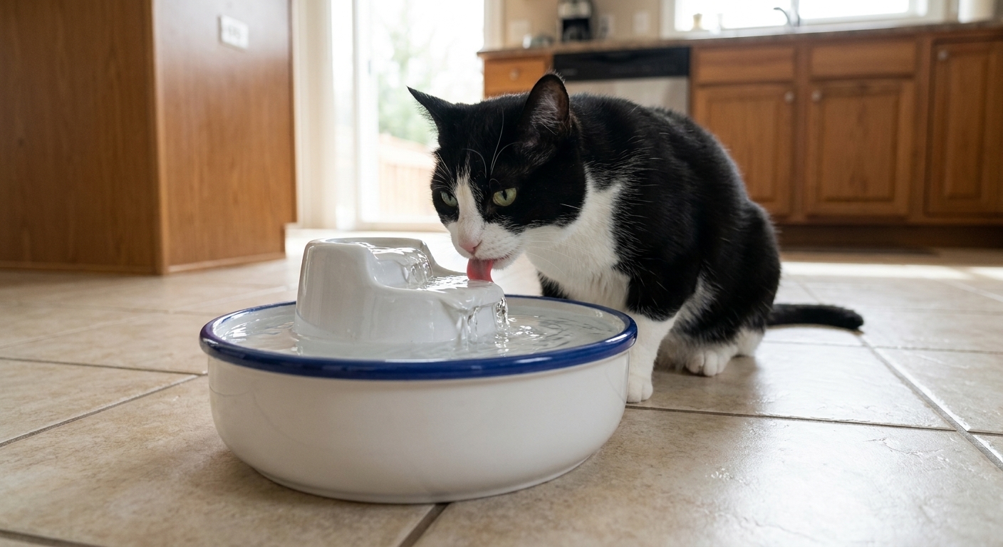 A black and white cat drinking from a circulating pet water fountain on a kitchen floor, real photography style