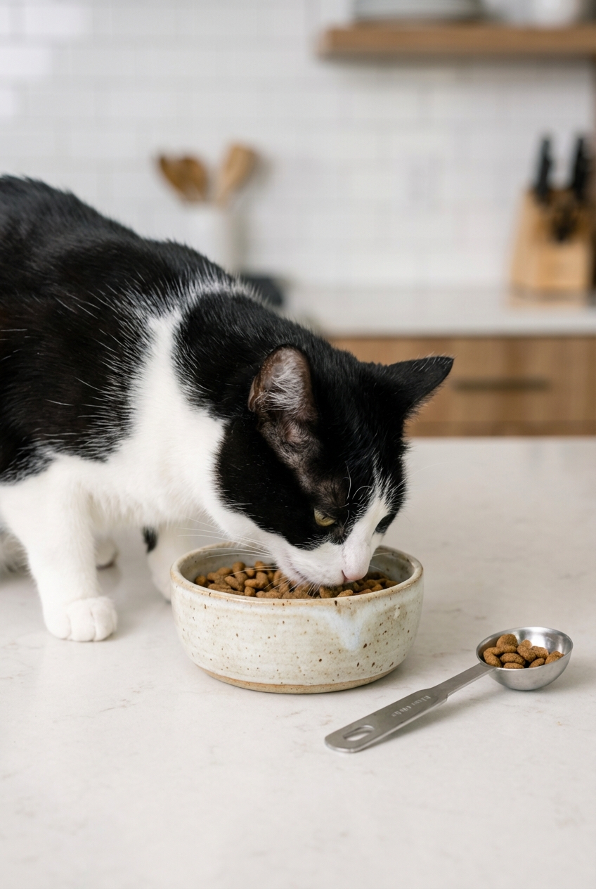 A black-and-white cat eating from a small ceramic bowl while a measuring spoon rests on the counter