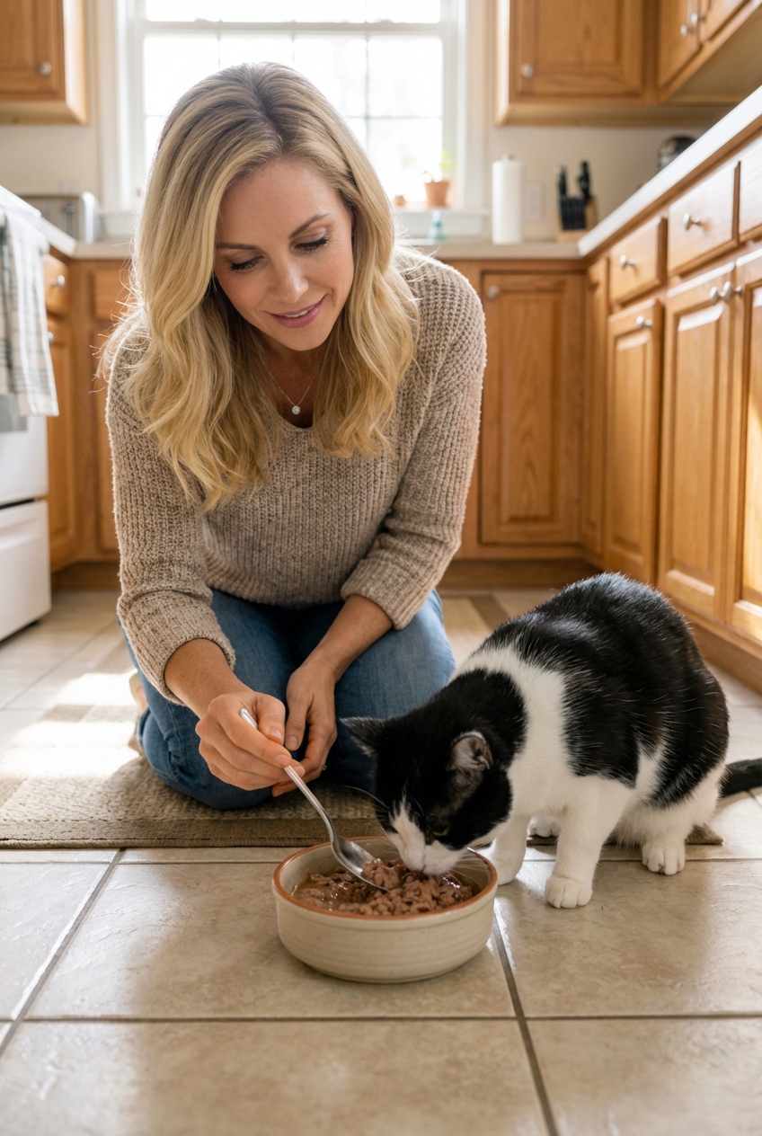 A black and white cat eating while a person gently stirs food in the bowl with a spoon
