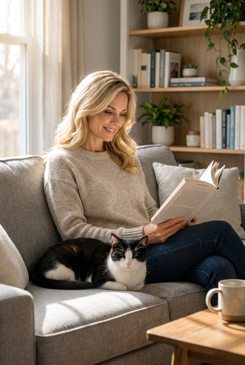 A black-and-white cat loafing on a couch next to a person reading a book