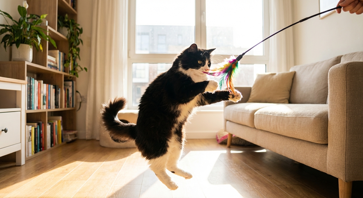 A black and white cat playing with a feather wand toy in a bright living room