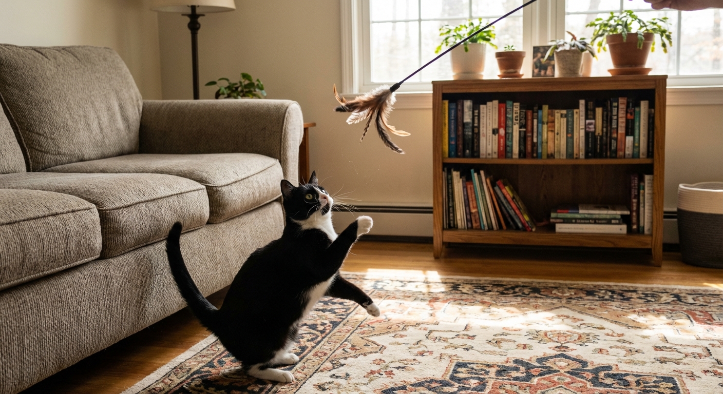 A black-and-white cat reaching up to catch a feather wand toy in a living room