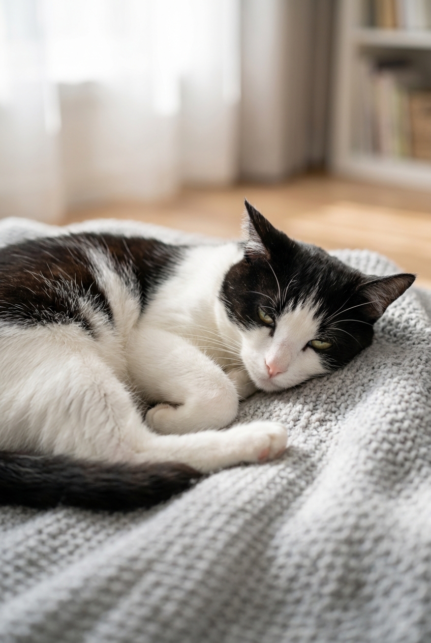 A black-and-white cat resting on a blanket with a tired expression in soft indoor light