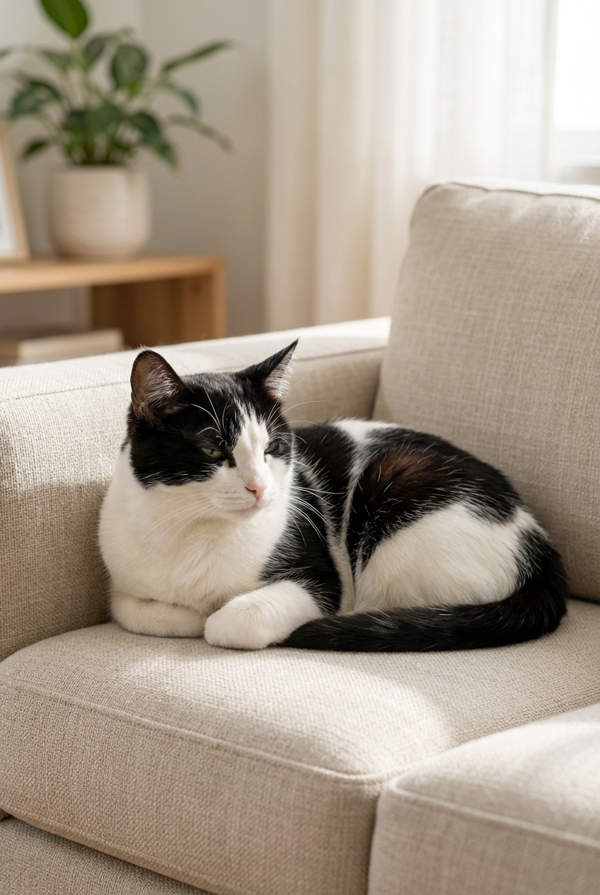A black-and-white cat resting on a couch with visible chest movement as it breathes