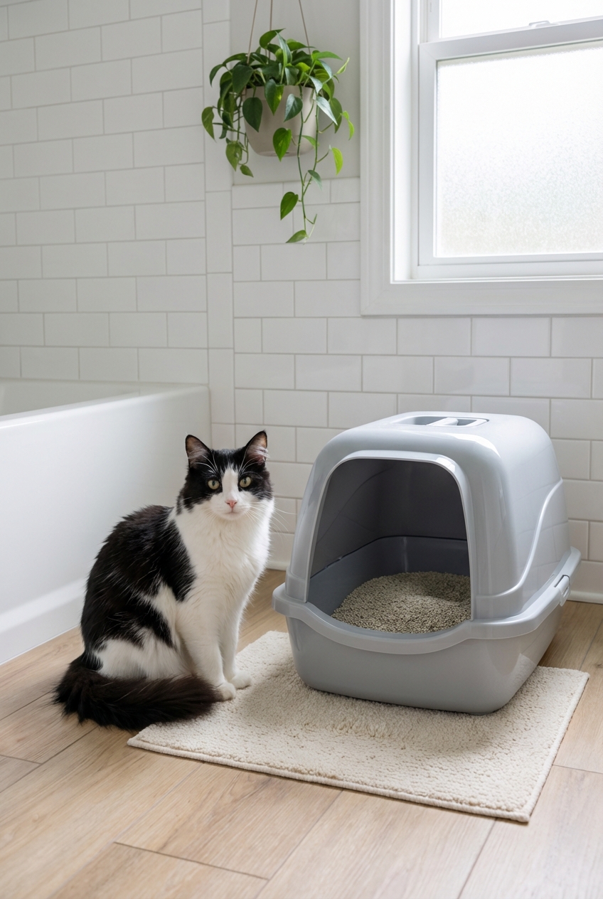 A black and white cat sitting beside a clean litter box in a quiet home bathroom