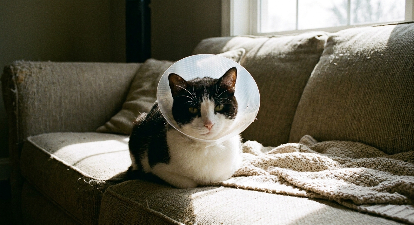 A black-and-white cat sitting calmly on a couch while wearing an Elizabethan collar to prevent scratching