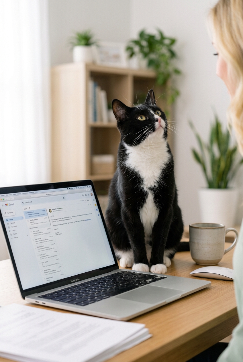 A black and white cat sitting on a desk beside a laptop while looking up at a person nearby