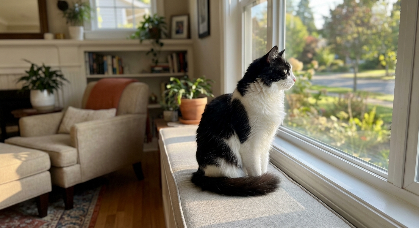 A black-and-white cat sitting on a window perch watching outside in a bright living room