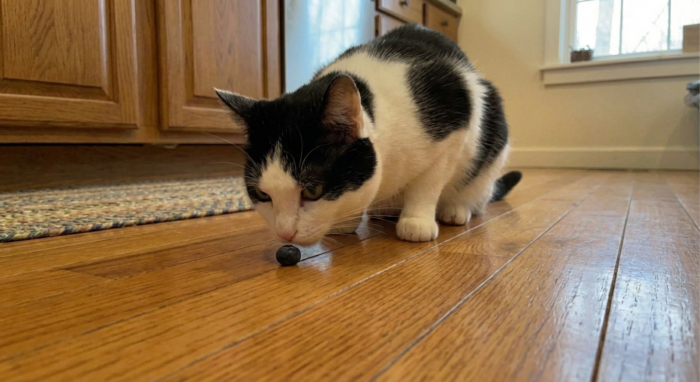 A black and white cat sniffing a single blueberry on a hardwood floor