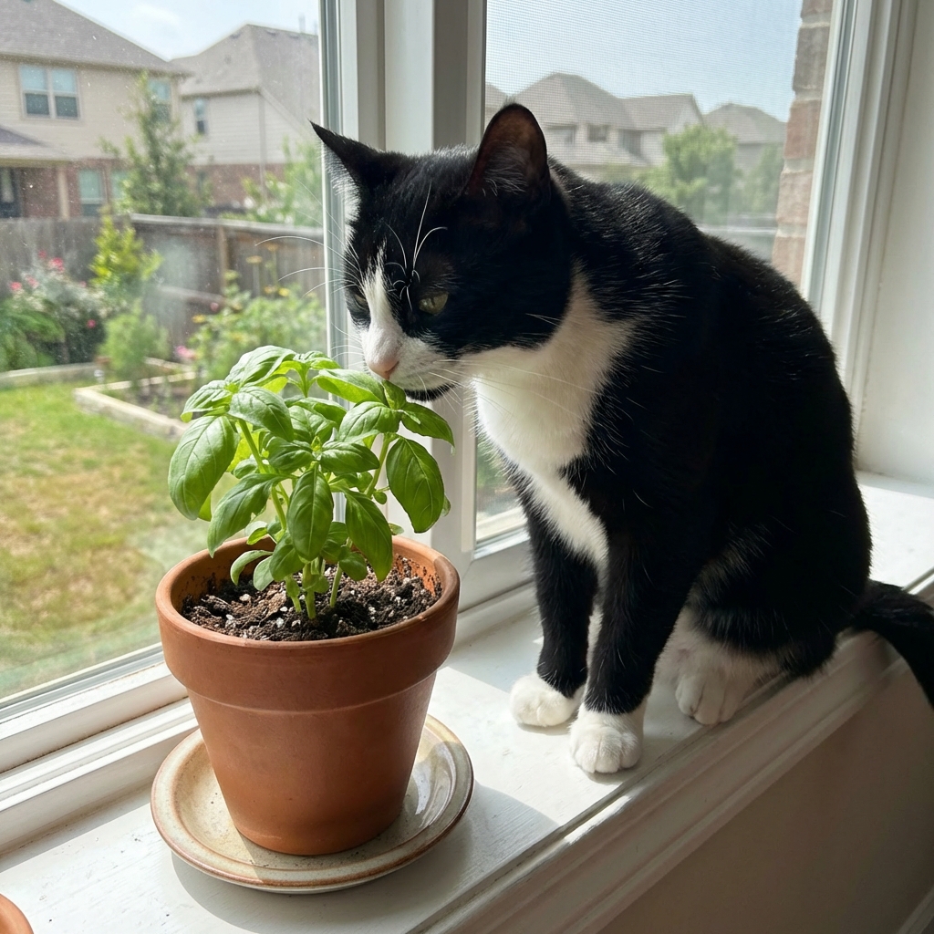 A black-and-white cat sniffing a small houseplant on a windowsill in daylight