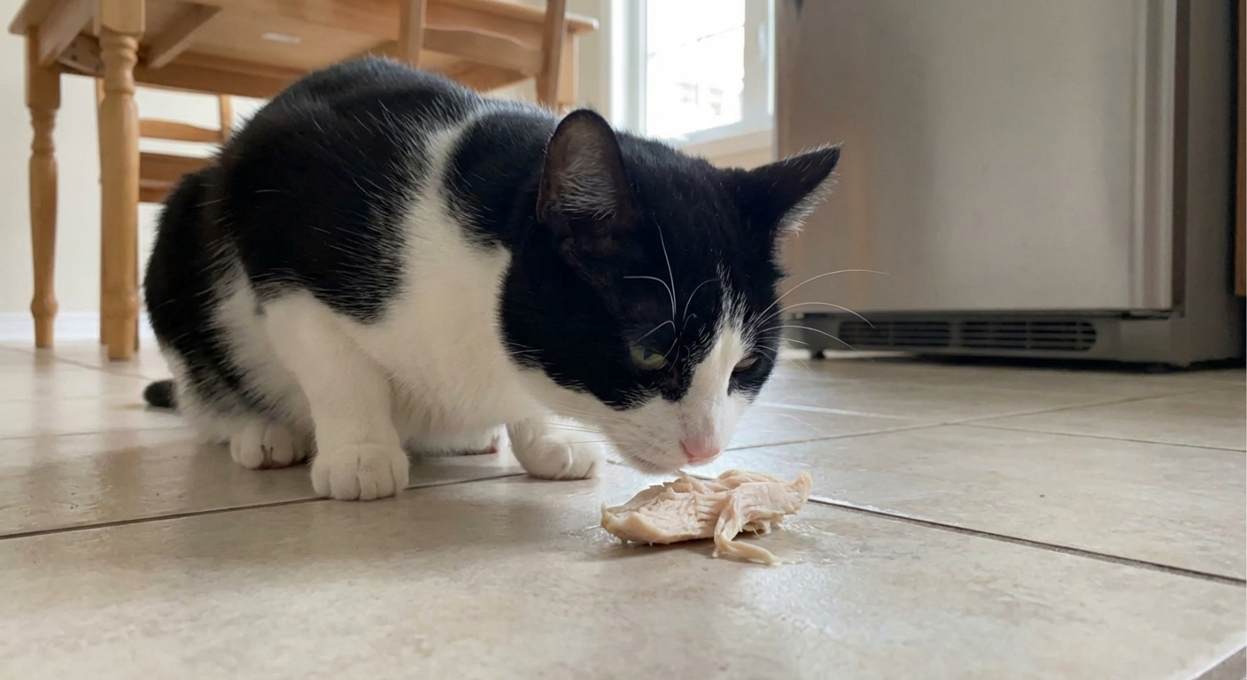 A black-and-white cat sniffing a small piece of plain cooked chicken on a kitchen floor