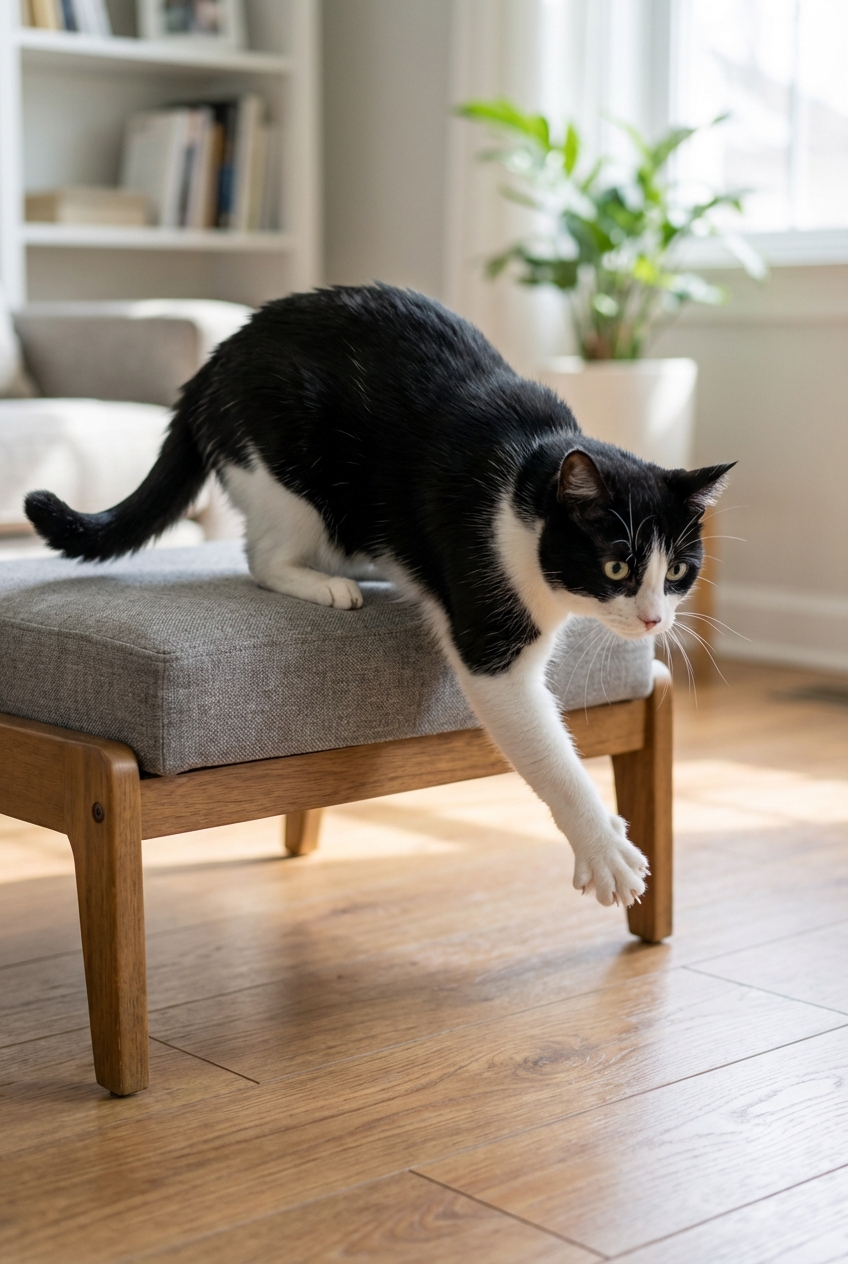 A black-and-white cat stepping down from a low chair cautiously with a tense posture