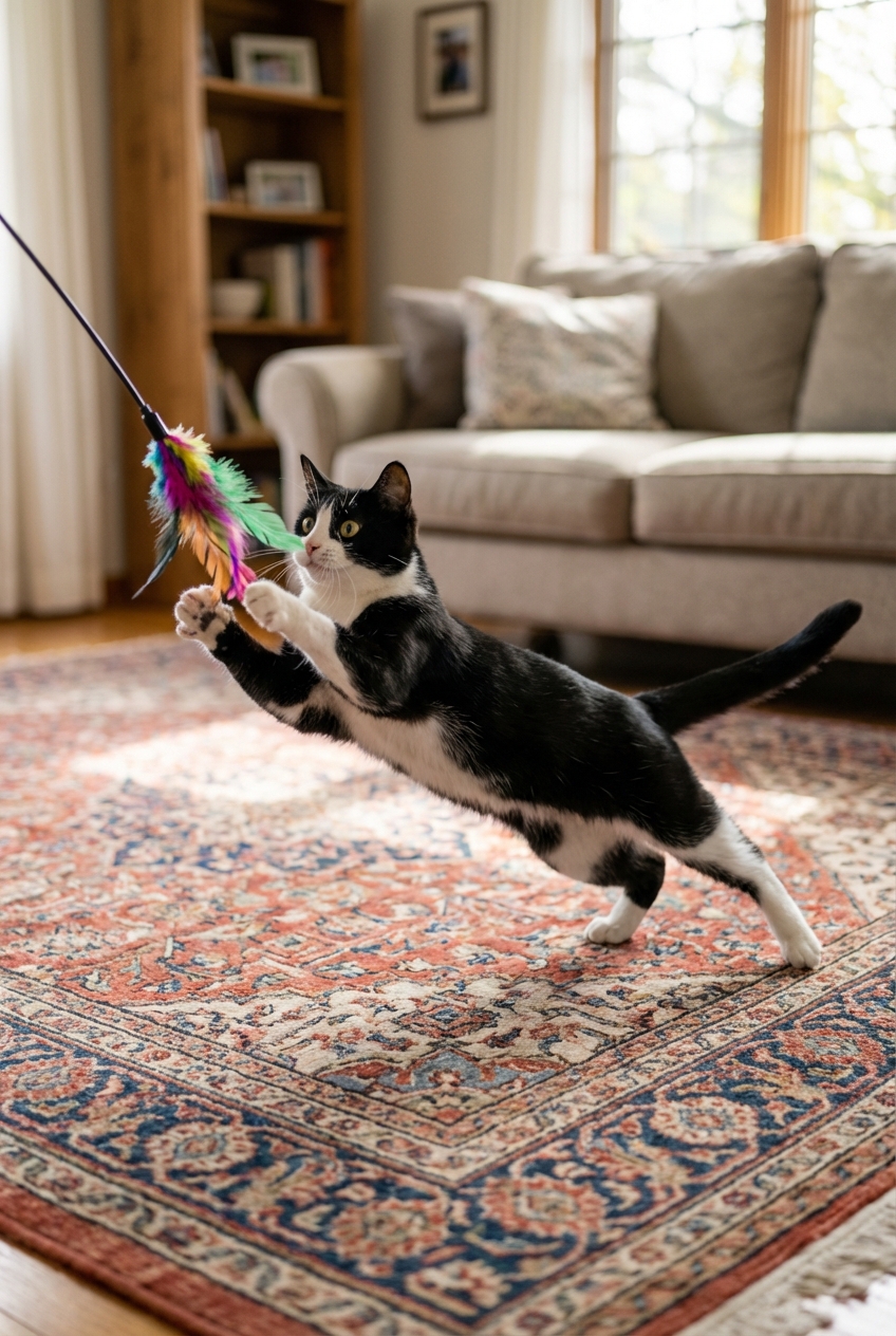 A black and white cat stretching and playing with a feather wand toy on a living room rug
