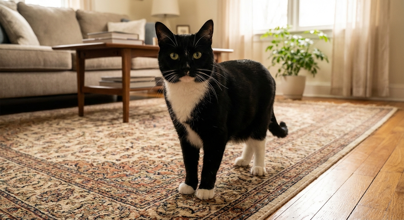 A black and white tuxedo cat standing on a living room rug with white paws visible
