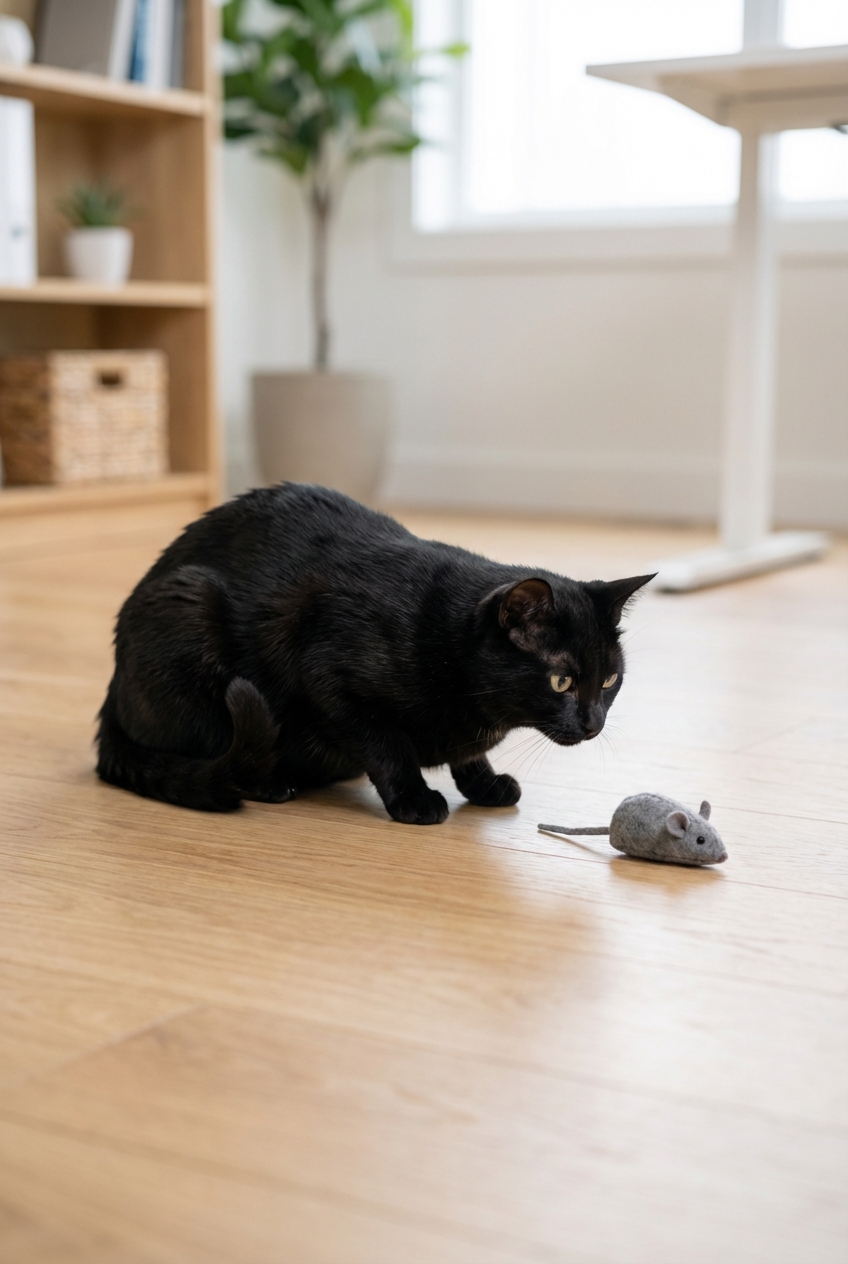 A black cat crouched on a wooden floor with hind legs tucked under, preparing to pounce on a small toy mouse