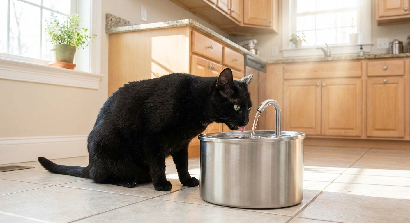 A black cat drinking from a stainless steel pet water fountain in a bright kitchen