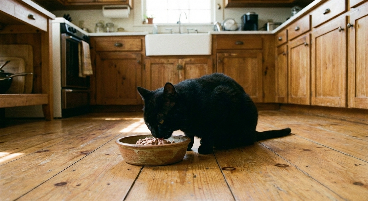A black cat eating wet food from a ceramic bowl on a kitchen floor