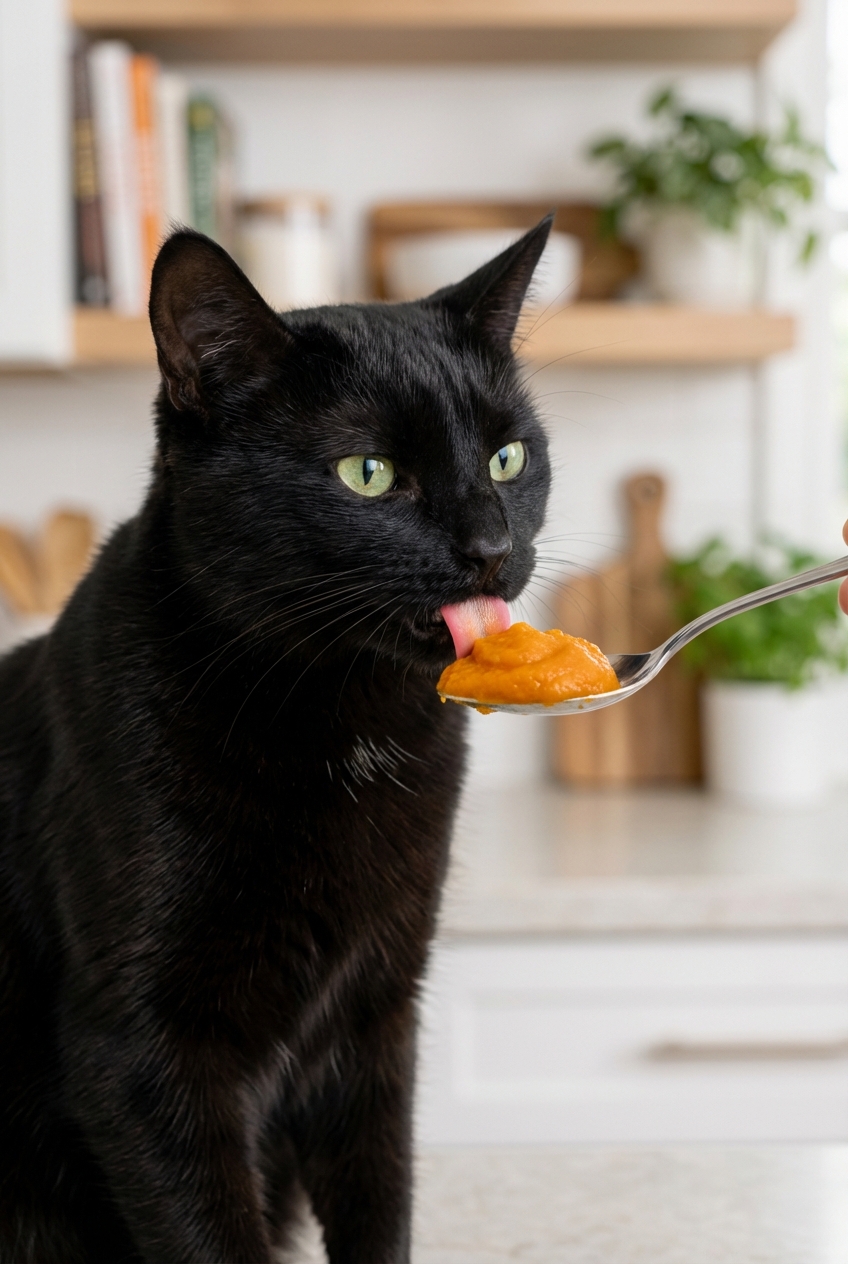 A black cat licking a spoon with a small amount of plain canned pumpkin