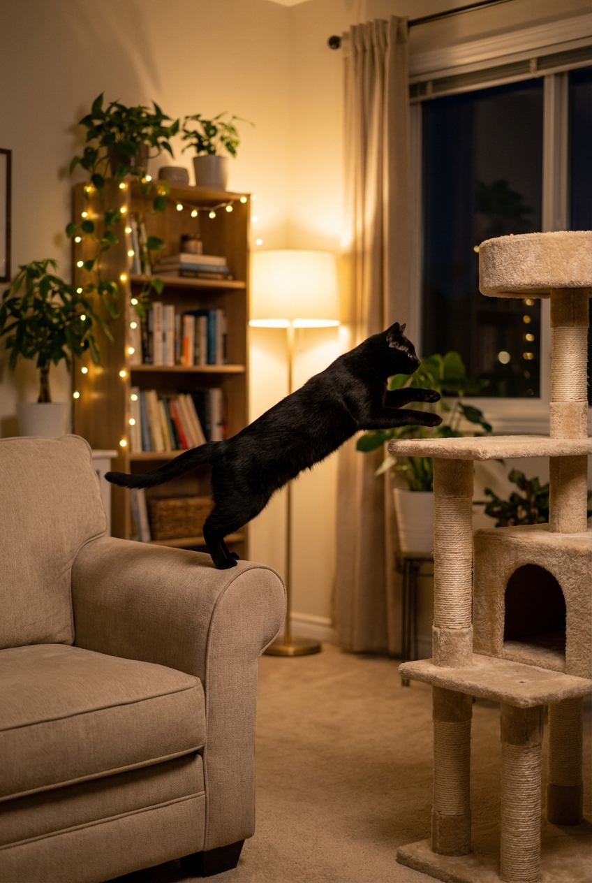 A black cat mid-jump from a sofa to a cat tree in a softly lit living room at night