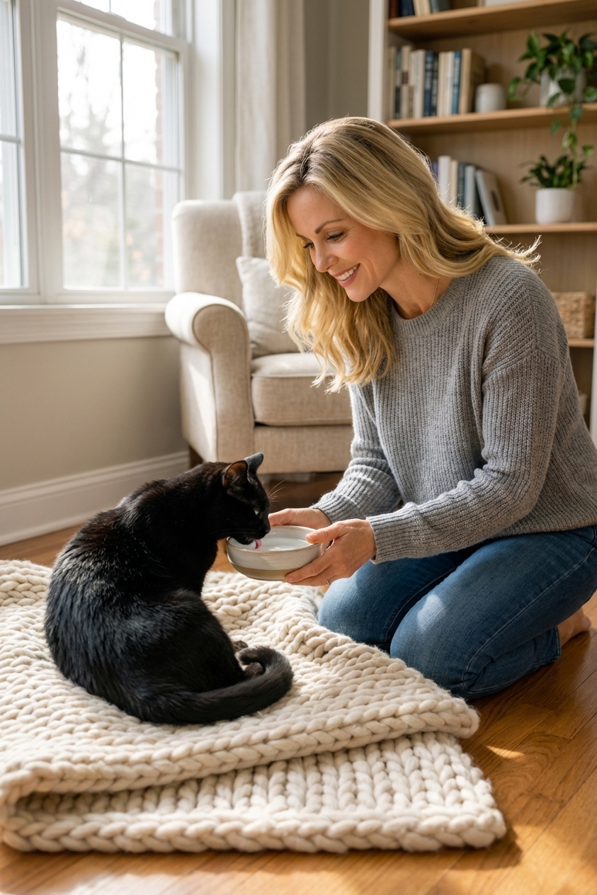 A black cat resting on a soft blanket at home while a caregiver gently offers water in a small bowl, natural window light, real photo