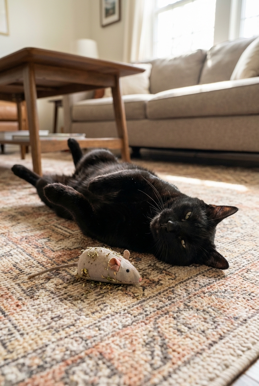 A black cat rolling on its back beside a catnip-filled toy on a living room rug