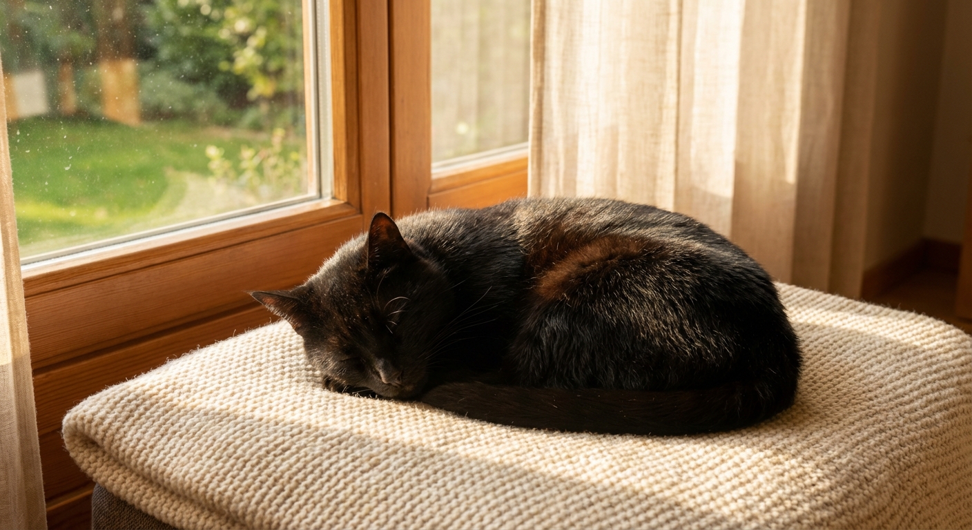 A black cat sleeping curled up on a soft blanket near a sunny window